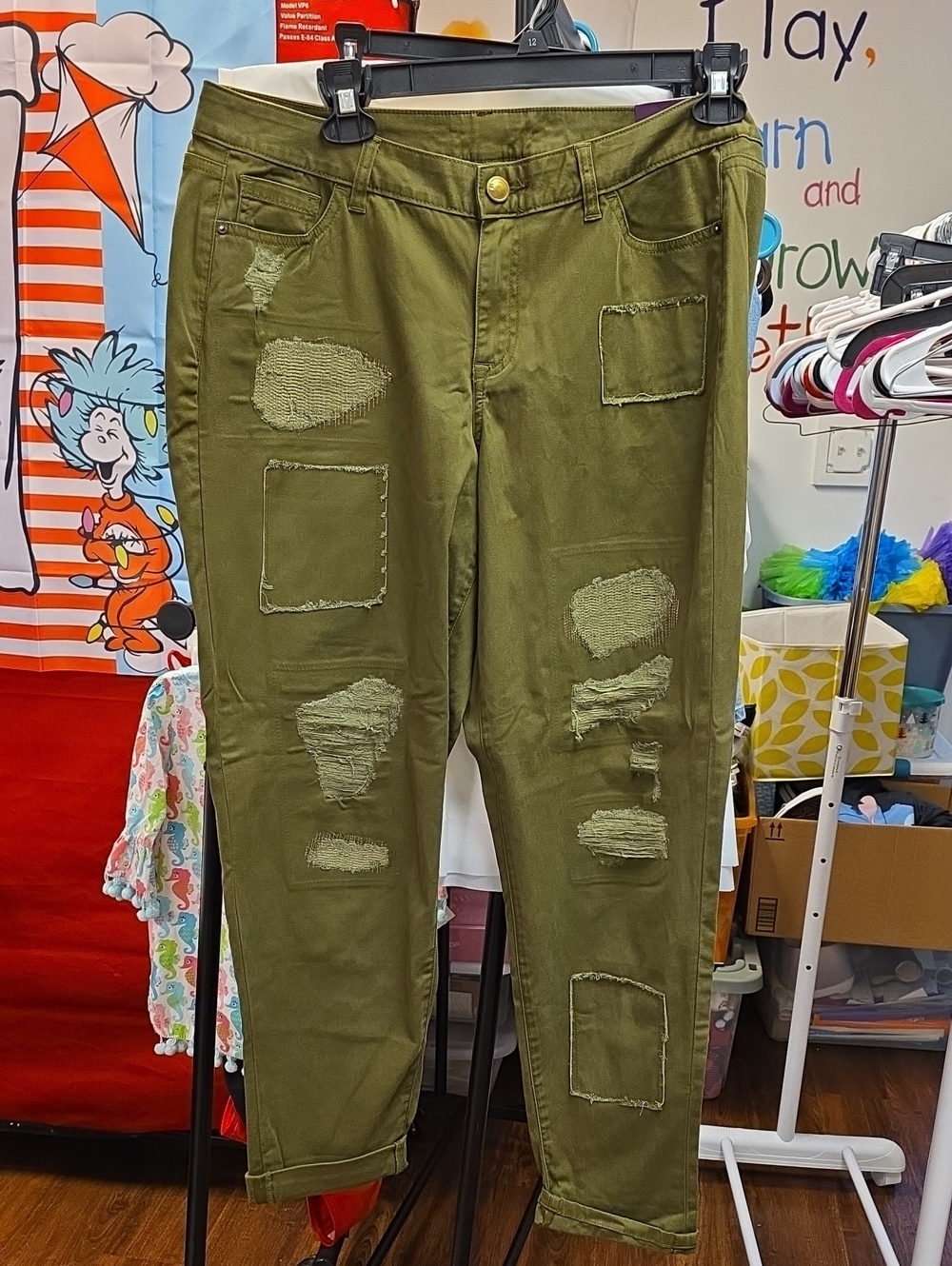 Women’s Olive Green Straight-Leg Distressed Patch Pants